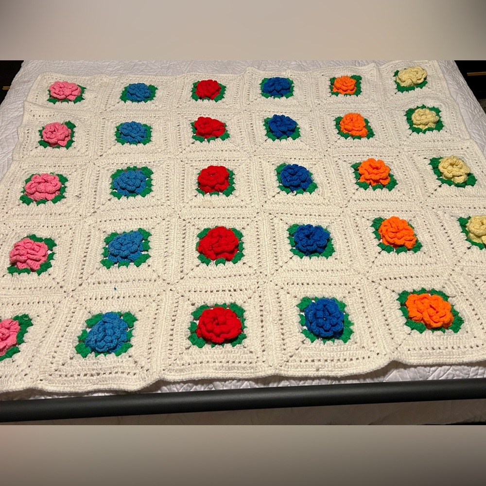 Handmade Colorful Crochet Floral Blanket Afghan
